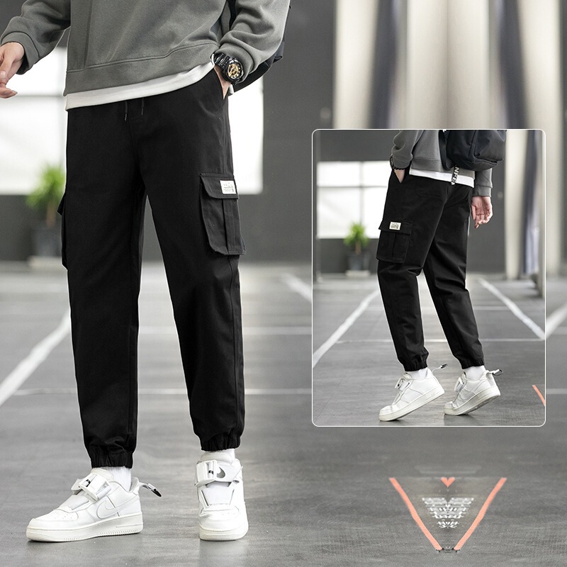 In-Stock Solid Color Mid-Waist Cotton Cargo Pants for Men, Trendy Loose Fit, Sports Casual, Plus Size, Trendy Elastic Cropped Pants