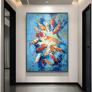 Hand-Painted Oil Painting Dafen Village Abstract Koi Entrance Decoration Painting High-End Nine Fish Living Room Sofa Background Wall Hanging Painting