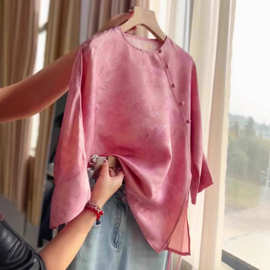 2025秋夏超好看上衣时尚新中式国风气质感粉色斜襟衬衫女