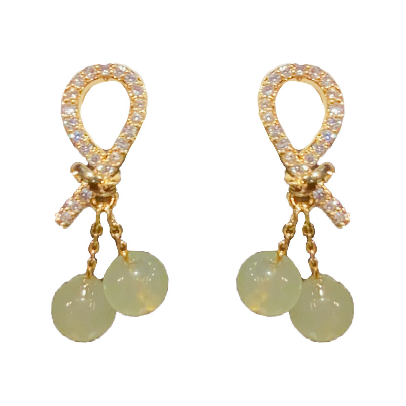 Gold-zircon knot green earrings (thick gold plating)
