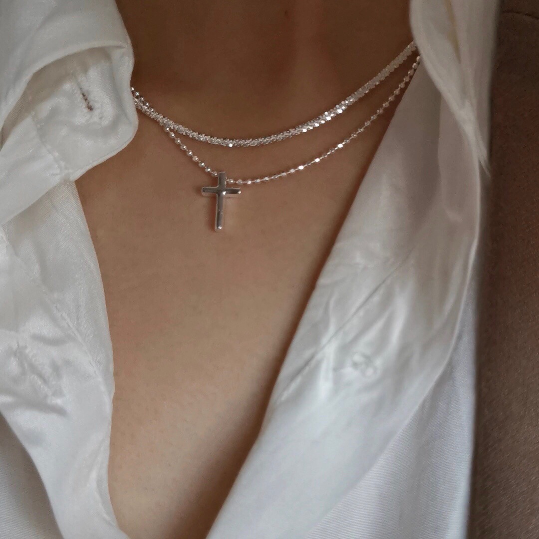 New ins Style Sparkling Fashion Double Layer Decomposable Necklace Stacked Cross Pendant Clavicle Chain_voghion.com