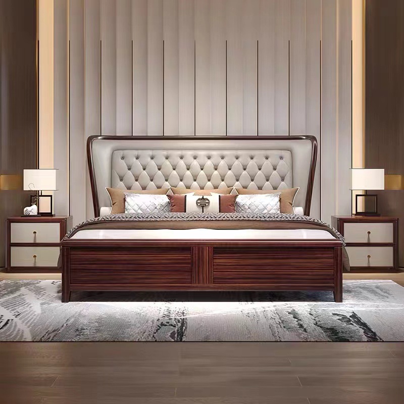 Modern Minimalist Chinese-Style Ebony Solid Wood Bed with 1.8m Soft Storage Compartments for Large Bedroom Double Bed