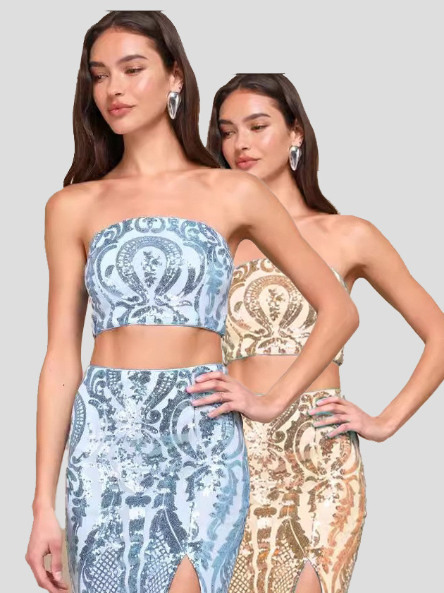 Conjunto de dos piezas de vestido sin tirantes con lentejuelas azul claro brillante y encantador, éxito de ventas transfronterizo en Europa y América (2 colores).
