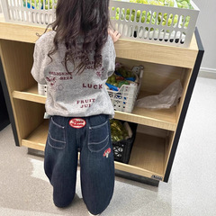 现货~2025女童秋季日系植绒印花长袖T恤衫百搭简约刺绣休闲牛仔裤