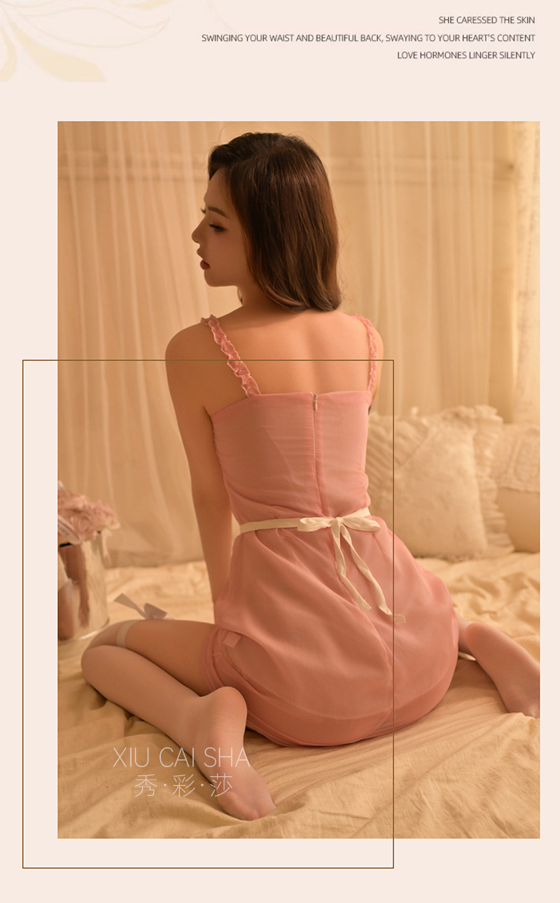 Maid Role-Play Lingerie Set with Deep V-Neck See-Through Camisole Dress, Apron, Panties and Bow Stockings — detail image 14