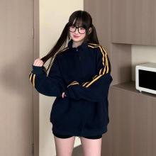 潮牌美式高街三条杠卫衣女春秋2025新款秋冬加绒厚韩系外套棒球服