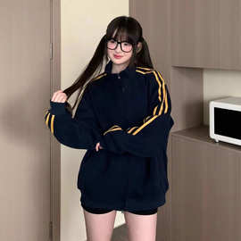 潮牌美式高街三条杠卫衣女春秋2025新款秋冬加绒厚韩系外套棒球服