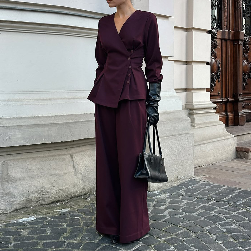 2025秋季新款欧美亚马逊跨境外贸女装v领气质时尚阔腿深红色套装
