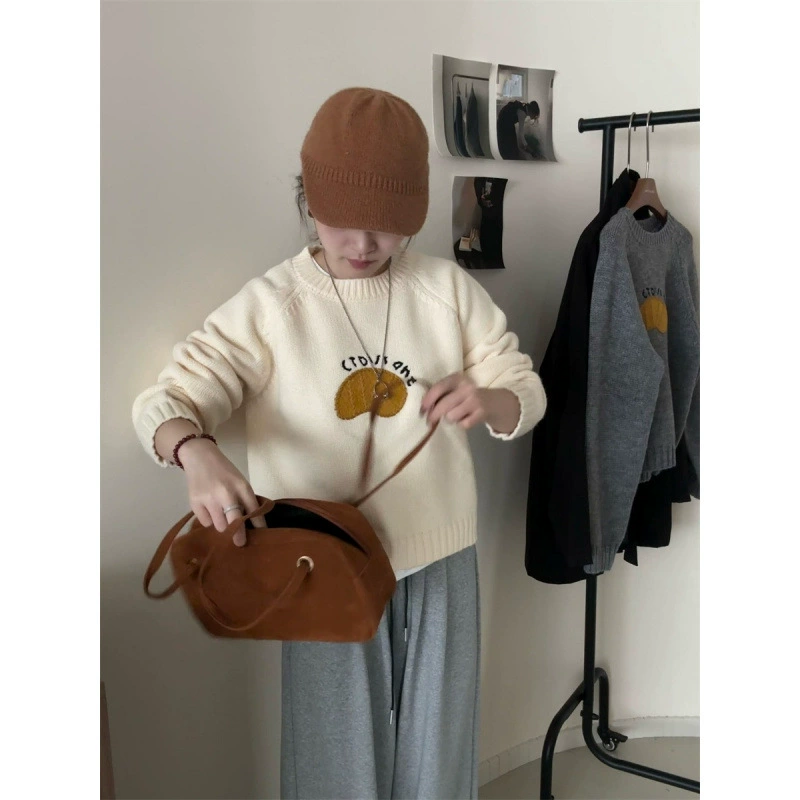 Милый вязаный свитер с рисунком из мультфильма, круглый воротник, размер oversize.
