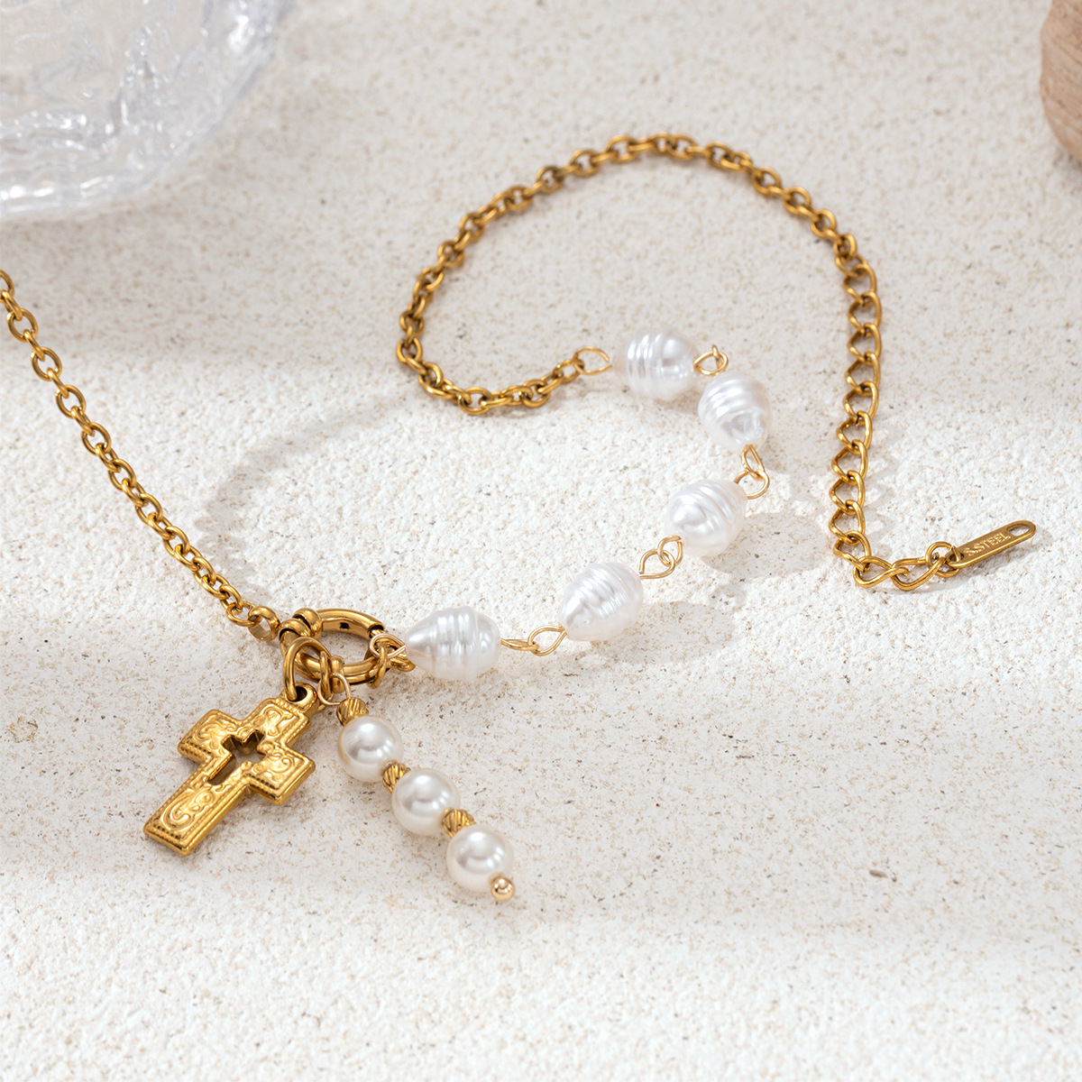 TENA Europa y América collar de acero inoxidable lujo ligero nicho cruces de perlas verdaderas cadenas de clavículas joyería al por mayor