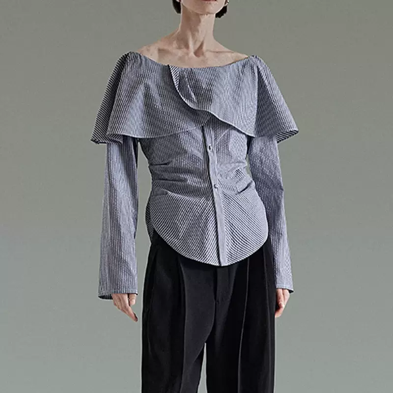 UNSPO现货一字肩花边条纹衬衫女2026新款早秋显瘦收腰气质长袖上