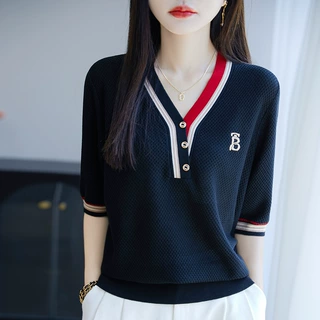 夏季新款天丝莱赛尔V领针织衫短袖女五分袖拼色刺绣套头打底上衣T