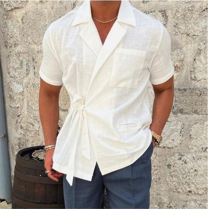 2023 Amazon AliExpress Independent Station Summer Men's Solid Color Cotton and Linen Suit Lapel Lace Short Sleeve Shirt