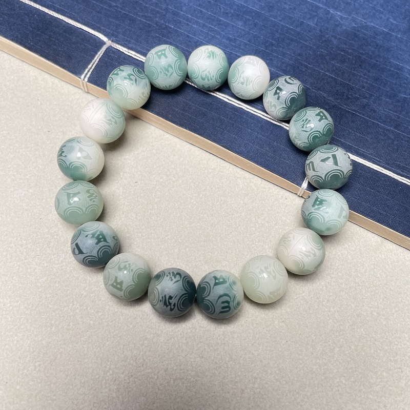 菩提籽雕刻六字款佛珠手串渐变绿民族风饰品男女款手链批发