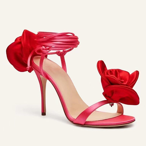 2024 foreign trade new style round toe stiletto heel super high heel satin rose flower heel strap large size one-strap sandals for women