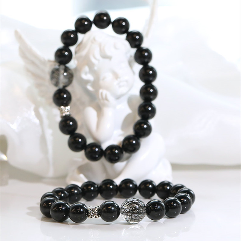 Natural Tourmaline Round Bead Single Circle Bracelet Black Tourmaline 8mm Men's Bracelet Jewelry with Black Hair Crystal Fashion