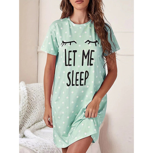 Amazon New Summer Short Sleeve Women's Pajama Set Sleep Dress One-piece Short Dress Breathable Medium Long Dress Home Wear