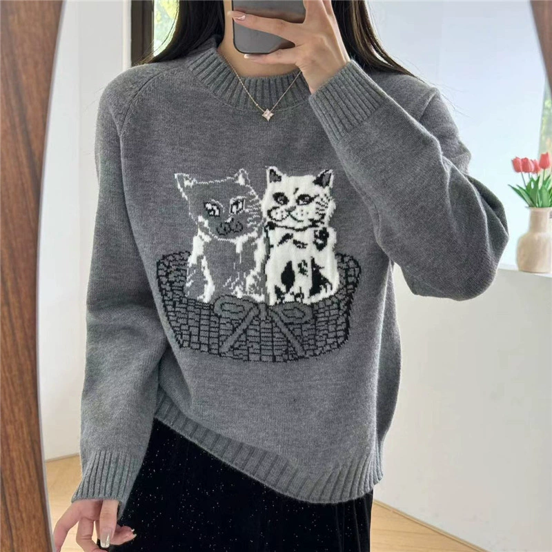 Демисезонный вязаный свитер с круглым вырезом,oversize, повышенной толщины