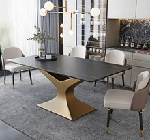 意式极简古铜拉丝金色创意设计岩板复合现代简约长方形长餐桌