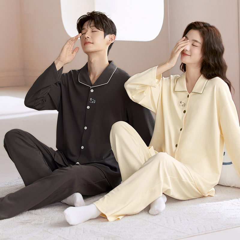 2026 Couple Pure Cotton Pajamas Spring, Autumn and Winter New Men and Women Casual Long-Sleeved Two-Piece Suit Home Clothes That Can Be Worn Outside
