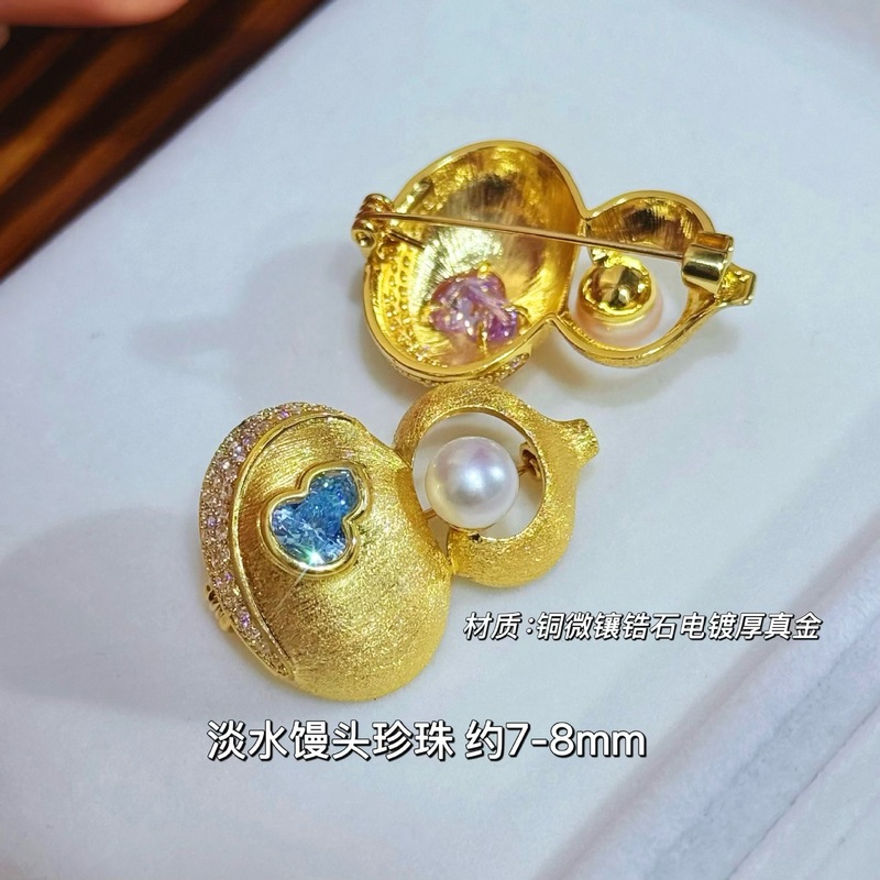 【福禄】东方雅韵天然淡水珍珠葫芦胸针精致优雅大衣西装胸花别针|undefined
