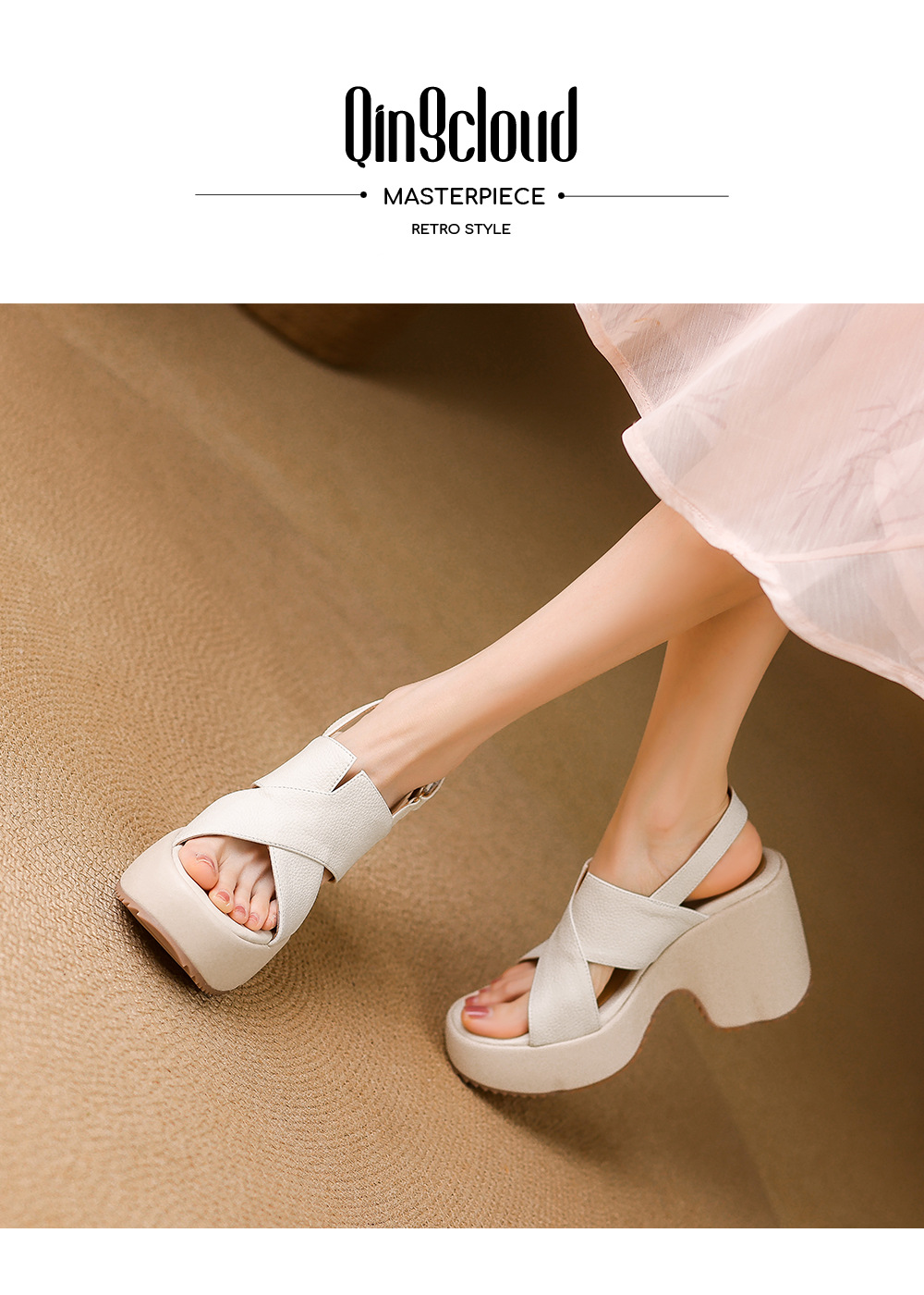 Sandal cao gót nữ hở mũi đế xuồng 10 cm da thật phong cách La Mã — màu trắng ngà, màu mơ chi tiết 1