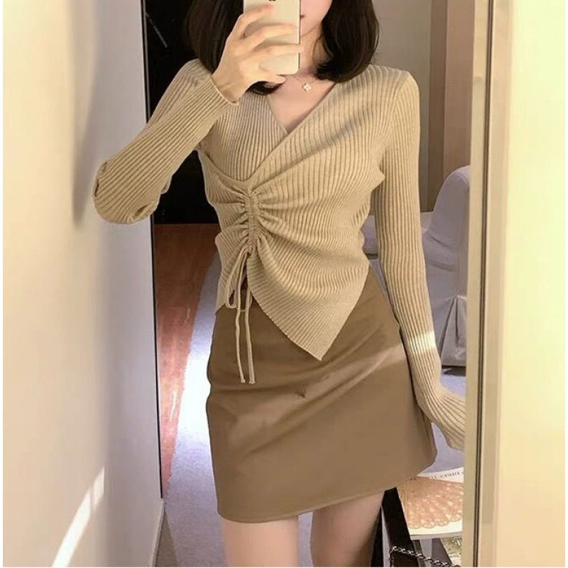Женский трикотажный свитер с V-образным вырезом и завязками, новинка 2025 года, приталенный крой, тонкий свитер с длинными рукавами, базовая рубашка для ношения под одеждой
