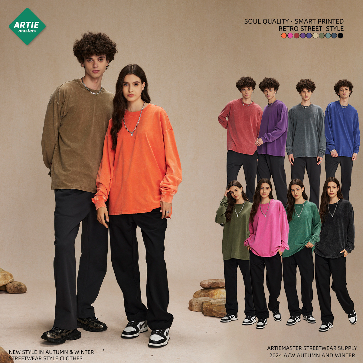 Camiseta de manga larga para hombre con cuello redondo, estilo retro batik lavado, de 275g, de la nueva colección otoño-invierno 2025 de una marca de moda, ideal para parejas.