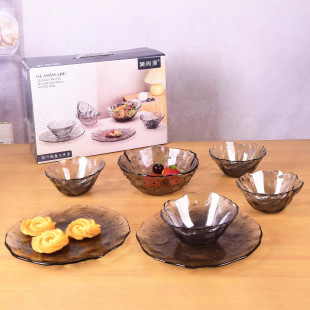 Glass Tableware Set Lotus Leaf Bowl and Dish Seven-piece Set Gift Box Gift Smoky Gray Glass Fruit Dish Household Luci