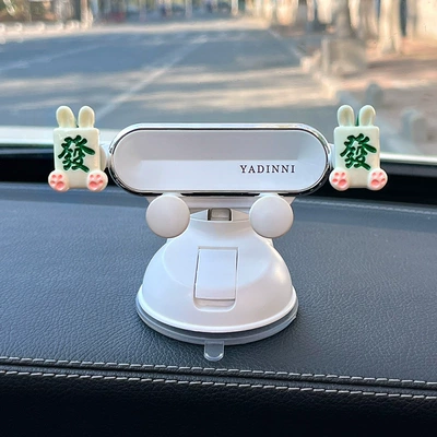 Car phone holder: new cartoon cute car anti-shake - green-fortune-rabbit-white-mirror-bracket-instrument-panel-air-outlet-dual-use