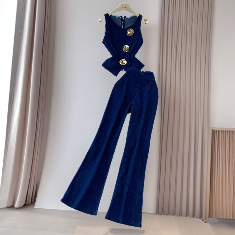 Trendy and Stylish Foreign Trade Outfit with a Sense of Design: Metal Buckle Round Neck Sleeveless Denim Vest and High-Waisted Wide-Leg Pants Set Trendy and Stylish Foreign Trade Outfit with a Sense of Design: Metal Buckle Round Neck Sleeveless Denim Vest and High-Waisted Wide-Leg Pants Set
