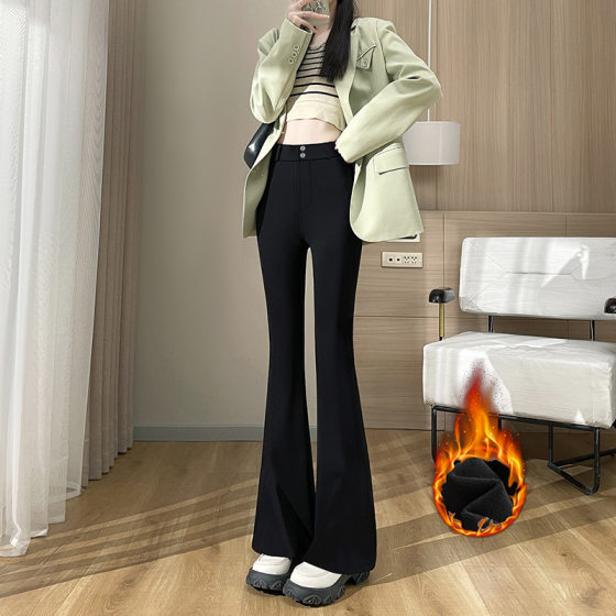 2024 high waist pants women's autumn and winter long casual pants tall straight flared pants fleece-lined suit pants