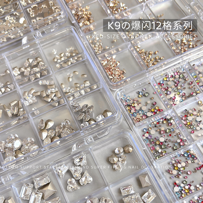 12-Grid Zircon Nail Art Rhinestones Mixed K9 Irregular-Shaped Rhinestones Colorful Flat-Back Round Rhinestones DIY Nail Decoration Rhinestones