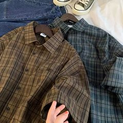 学院風男女史夏半袖シャツ格好いいカジュアルシャツ韓国版ファッション上着ゆったり格子コート