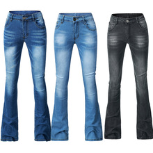 跨境欧美北美女士牛仔裤紧身弹力流苏喇叭裤女裤长裤纯色牛仔裤女