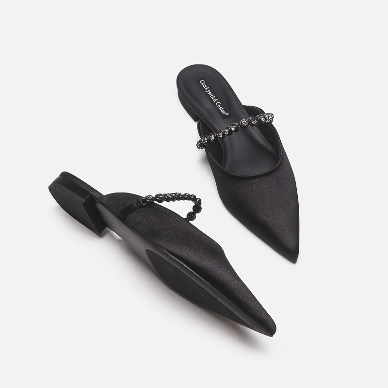 Silver Gemstone Chain Pointed Toe Mules For Women Elegant Flats_voghion.com