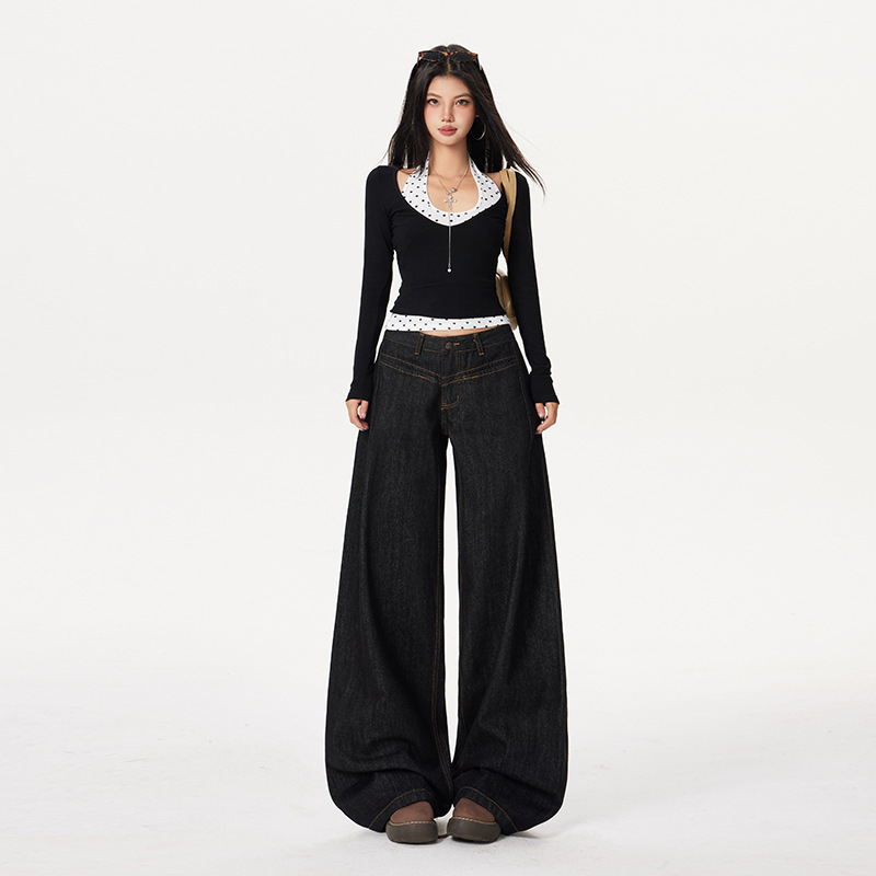 Yechuan # Designed with a Stylish Silhouette, Black Low-Mid-Waist Scimitar Jeans, American Retro Versatile Loose Wide-Leg Pants.