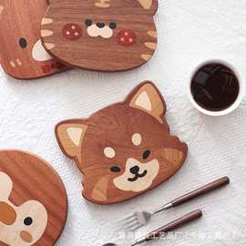 跨境木质卡通杯垫餐厅桌面装饰柴犬小熊餐垫碗碟砂锅隔热垫茶杯垫