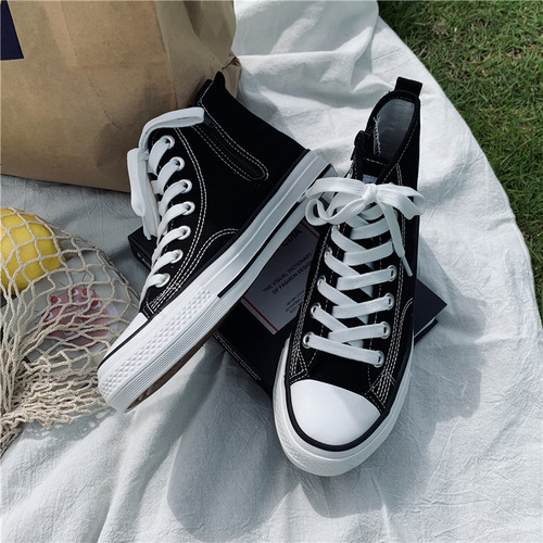  Autumn New High-Top Canvas Shoes for Women Korean Style Casual Student Trendy Women's Shoes Basic Zipper White Shoes