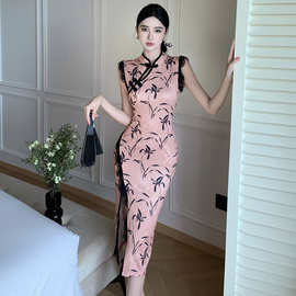 WDS2833欧美2023夏跨境外贸旗袍印花拼接蕾丝花边开叉包臀连衣裙