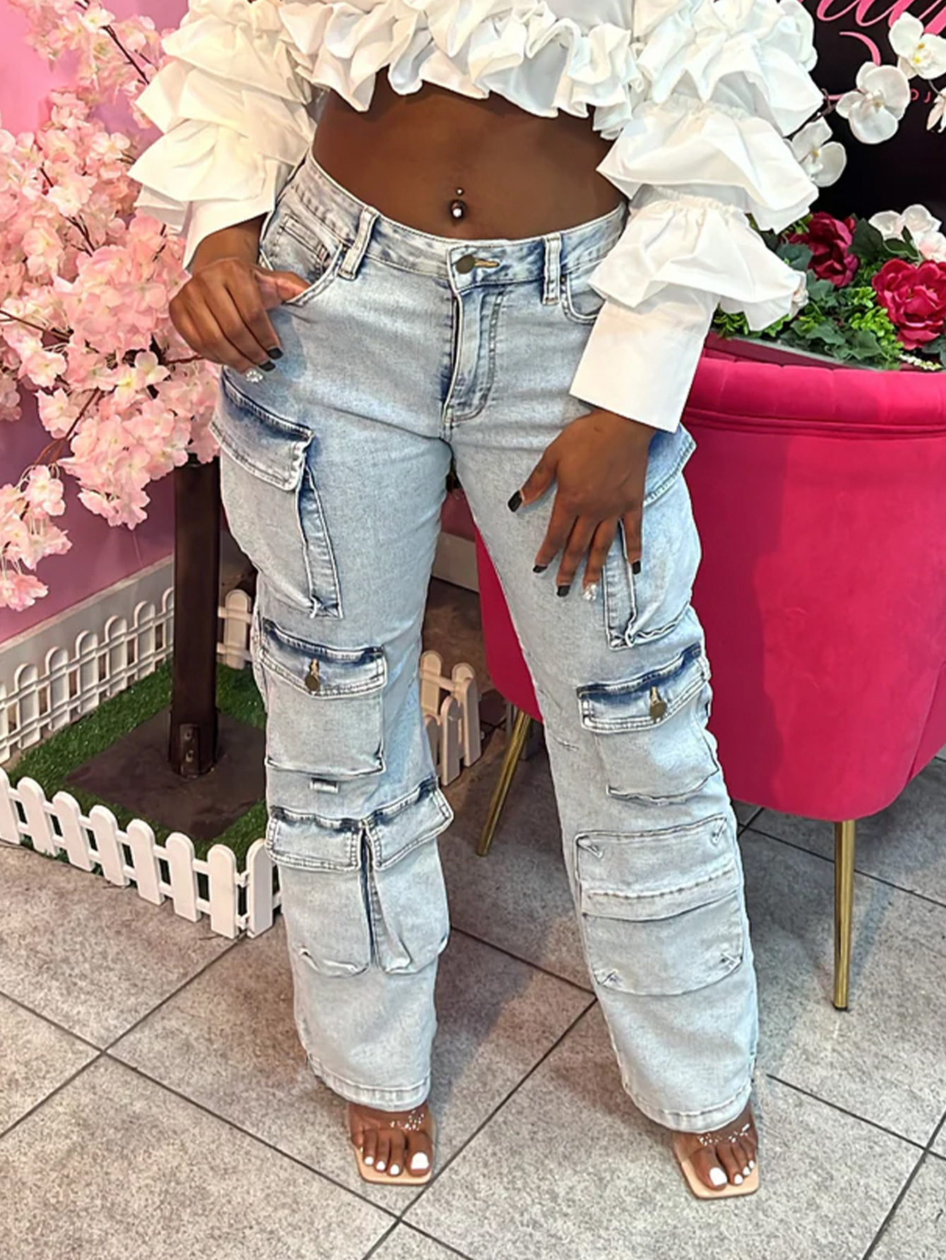 Women’s High-Waisted Distressed Cargo Jeans – Stretch Denim Pants With Utility Pockets (S-XL, Light Blue)_mkmklike.com