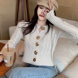 韩系东大门小香风高腰针织开衫女秋冬新款修身显瘦麻花外套毛衣潮