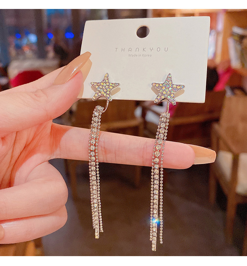 Trendy Star Shape Long Tassel Rhinestone Drop Earrings display picture 2