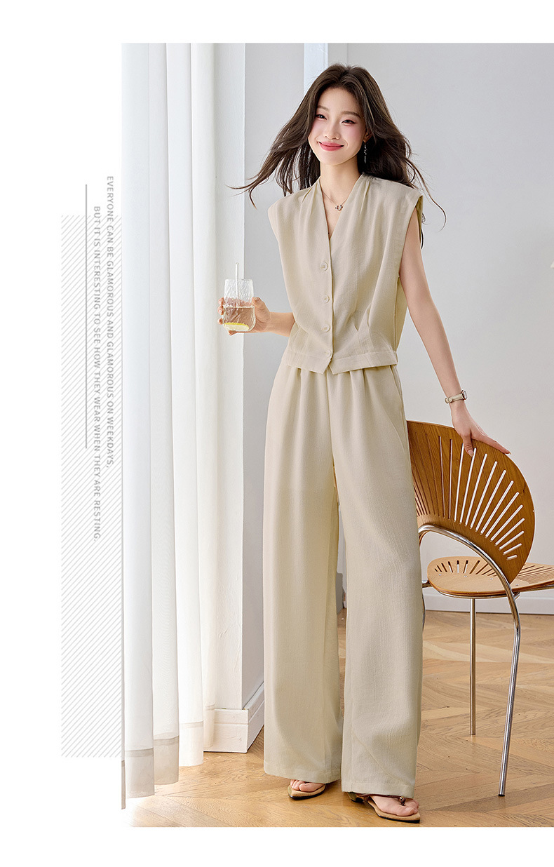 Bộ vest nữ hai dây phối quần ống rộng — màu kaki, màu trắng ngà, màu cà phê chi tiết 25