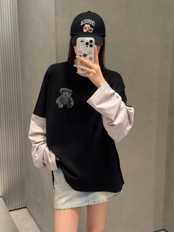 高端女装假两件小熊设计高街字母印花宽松卫衣男女款潮牌休闲上衣|undefined