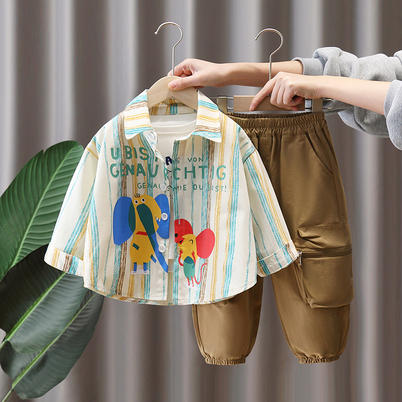 7850 traje de primavera para niños 2025 nueva camisa estampada de dibujos animados para niños de dos piezas ropa de estilo occidental de primavera y otoño