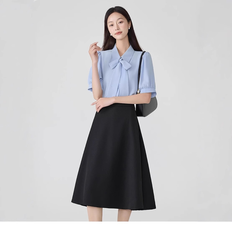 Anchen Blue Bow Tie Shirt Women's Short-Sleeved Summer Chiffon Formal Top Professional Work Interview Shirt
