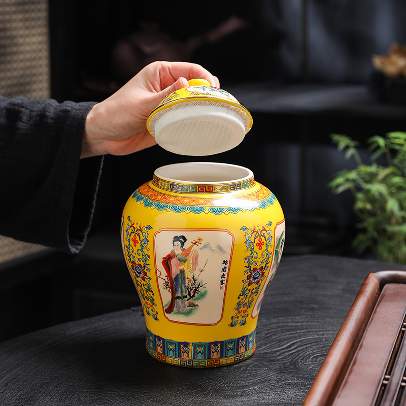 Porcelain Teapot with Enamel Four Beauties Design, Household Waterproof Seal General Vase, Large Storage Can for Pu-erh Black Tea