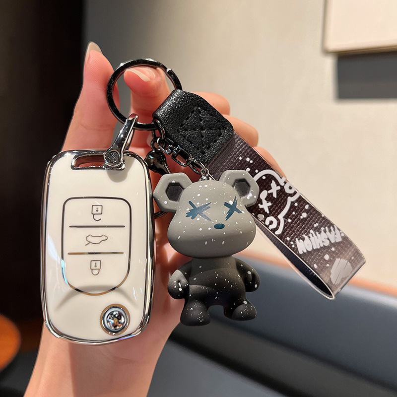 Wuling 모델 B - 접이식 3버튼 [싱글 쉘 화이트] + 그레이 폭력 곰 펜던트