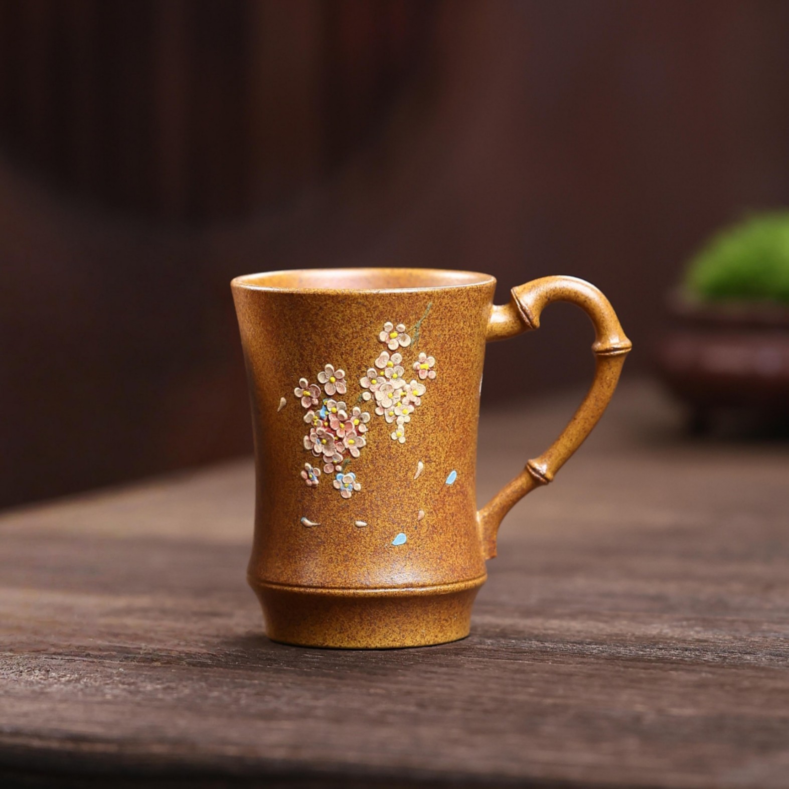 紫砂柴烧茶杯堆绘绣球花主人杯手把杯段泥柴烧咖啡杯品茗杯单杯